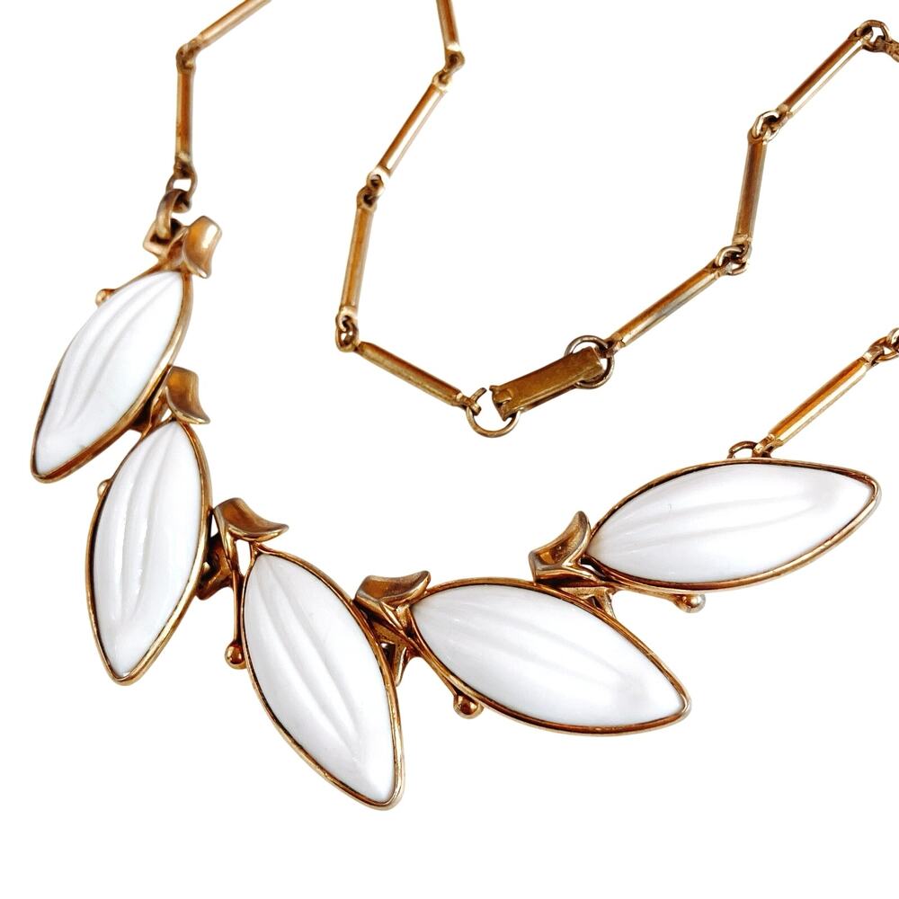 Vintage Mid Century White Glass Leaf Necklace Gold Tone Costume Jewelry